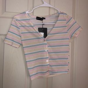 PLT cream, blue, and pink Stripe Button front short sleeve crop top (4/S)
